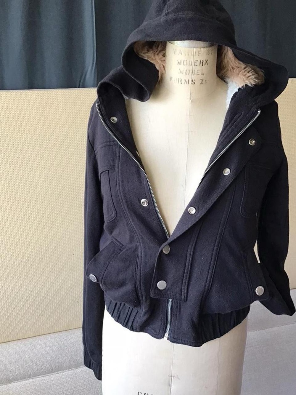 Marc By Marc Jacobs Black Hooded Bomber Jacket with Faux Fur Trim